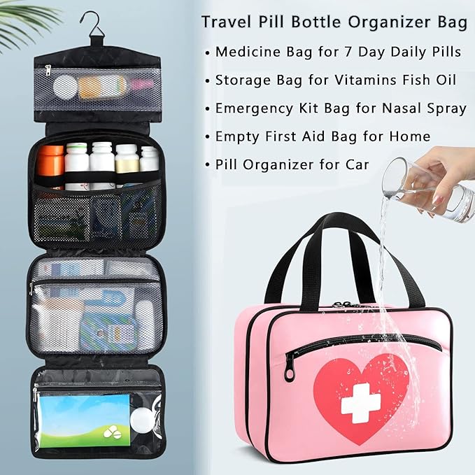 Naanle Pill Organizer Bag Travel Pill Bottle Medicine Organizer Home Storage Medication Bag for Vitamin Supplements, Heart White Cross Empty First Aid Bag for Car Camping, 1.0 Count