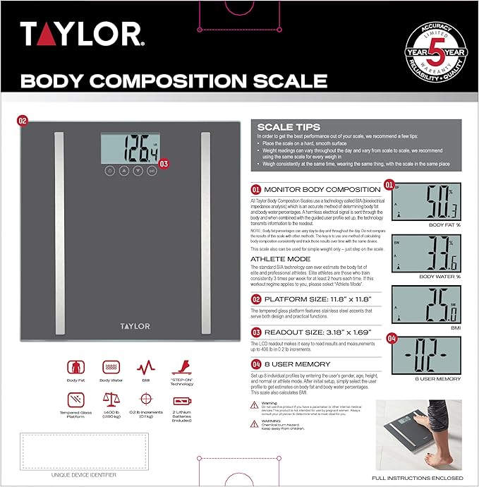 Taylor Digital Body Composition Scale, Bathroom Scale for Body Weight, Measures Body Fat, Body Water & Muscle Mass, 8 User Recognition, Normal & Athlete Modes, 400 lb Capacity, Black