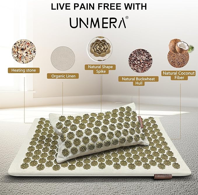UNMERA Acupressure Mat and Pillow Set/Flower Spikes-Volcanic Stone Heating Back/Neck Pain Relief,Spa-Like Relaxation, Premium Linen & Coconut Fiber Filling, Includes Bag