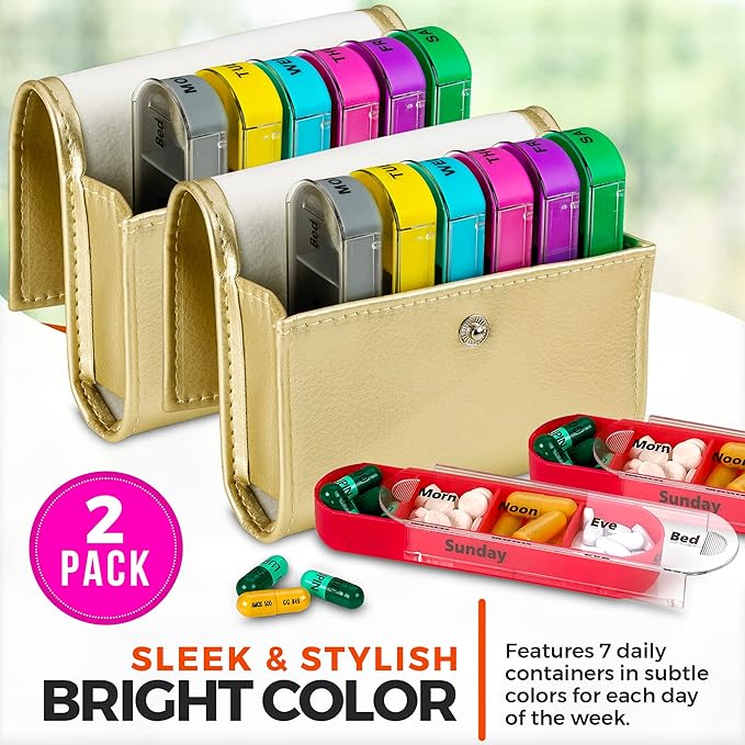 Weekly Travel Pill Organizer - (Pack of 2) Medication Wallet Pill Box Reminders, Pill Container Dispenser Case, Vitamin Caddy Organizer, for 4 Times A Day, 7 Days a Week