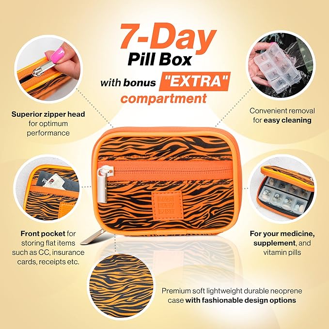 Made Easy Kit Pill Case - Weekly Medicine Organizer with Removable Seven-Day Vitamin & Supplement Box - Premium Neoprene for Travel Purse Accessory (Orange Tiger)