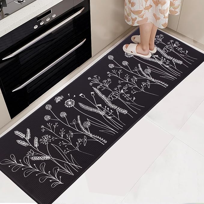 Mirok Washable Anti Fatigue Mat for Cushioned Floor Mat,Floral Plants Bee Non-Skid Ergonomic Comfort Foam Rugs,Non Slip Kitchen Rug(Flowers/Grass,17"x47")