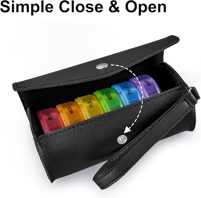 Fullicon PU Case Weekly Pill Box Organiser 2 Times A Day, Travel 7 Day Pill Boxes, Portable Tablet Organiser with Large Compartments for Medicine, Medication, Vitamin, Supplements(Black/Rainbow)