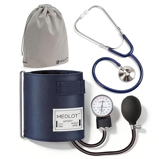 LotFancy Blood Pressure Cuff and Stethoscope Kit with D-Ring, Professional BP Cuff Standard Adult 10”-16” for Nursing School, Home, Easy to Use BP Machine with Carrying Case Zero Calibrator, Navy