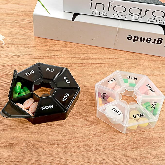 Sibba 7 Day Pill Organizer, 2 Pcs Medicine Pill Box, Daily Pill Holder, Portable Travel Pill Container Holder for Pocket or Purse, Medicine Planner for Vitamins Fish Oil, Supplements (Black, Clear)