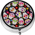 Pill Box, 3 Compartments Small Pill Case Travel Portable Metal Medicine Box with Mirror Mini Container for Purse Pocket Women Men(Sugar Skull)