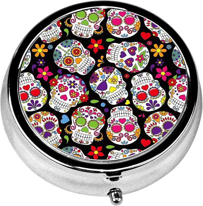 Pill Box, 3 Compartments Small Pill Case Travel Portable Metal Medicine Box with Mirror Mini Container for Purse Pocket Women Men(Sugar Skull)