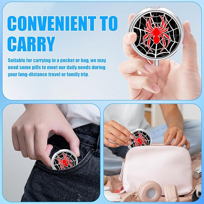 Red Spider Pill Case, Pill Box 3 Compartments Metal Small Pill Holder with Mirror Mini Travel Pill Container for Purse Pocket Women Men