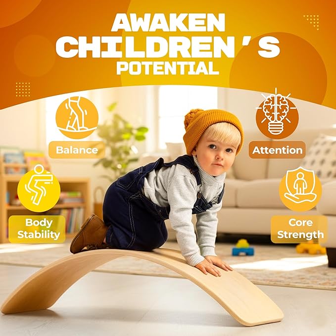 Wooden Wobble Board For Kids Slack Board Open-Ended Waldorf Learning Toy For Indoor Play, Balance Board For Adults | Core Balance Trainer Curvy Rocker Board for Yoga and Exercise Indoor, Montessori Toys