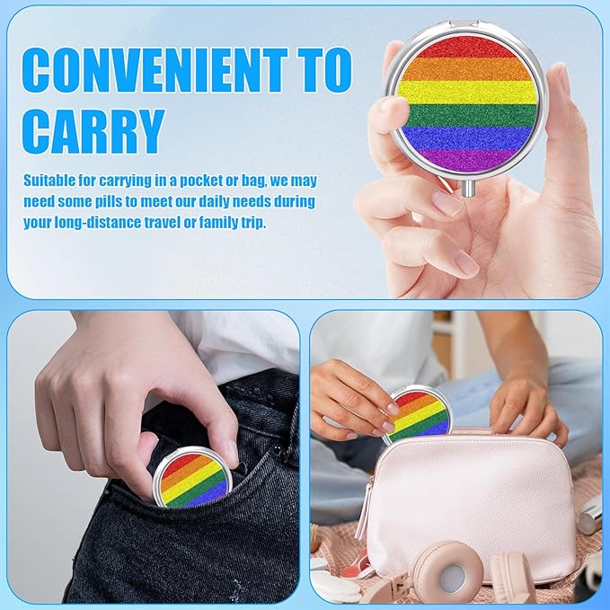 Pill Box, 3 Compartments Small Pill Case Travel Portable Metal Medicine Box with Mirror Mini Container for Purse Pocket Women Men(LGBTQ Rainbow Flag)