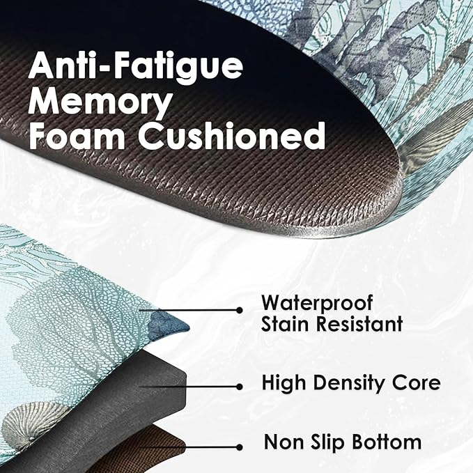 Arttown Blue Sea Shell Anti-Fatigue Kitchen Rug Set of 2 Fish Ocean Tropical Coral Vintage Cushioned Floor Standing Mat Waterproof Non-Slip Kitchen Mat and PVC Ergonomic Comfort Foam Rug