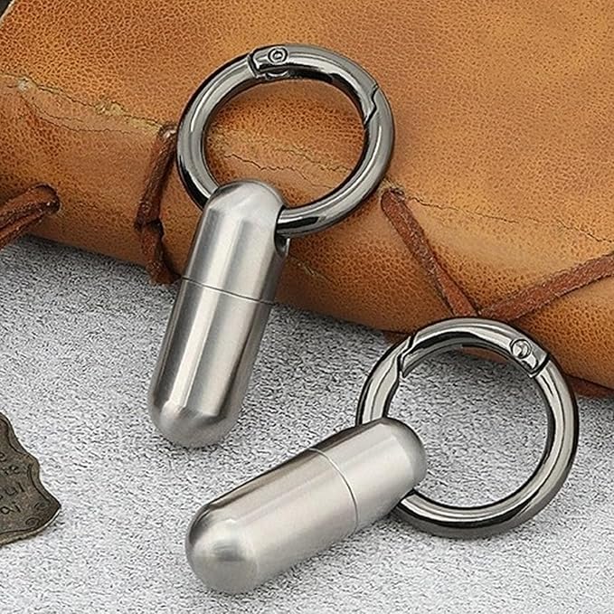 1Pcs Tiny Pill Case Keychain - Portable Micro Pill Holder for Travel, Waterproof Small Pill Box Organizer for Purse/Pocket, Emergency Medicine Container (Silver)