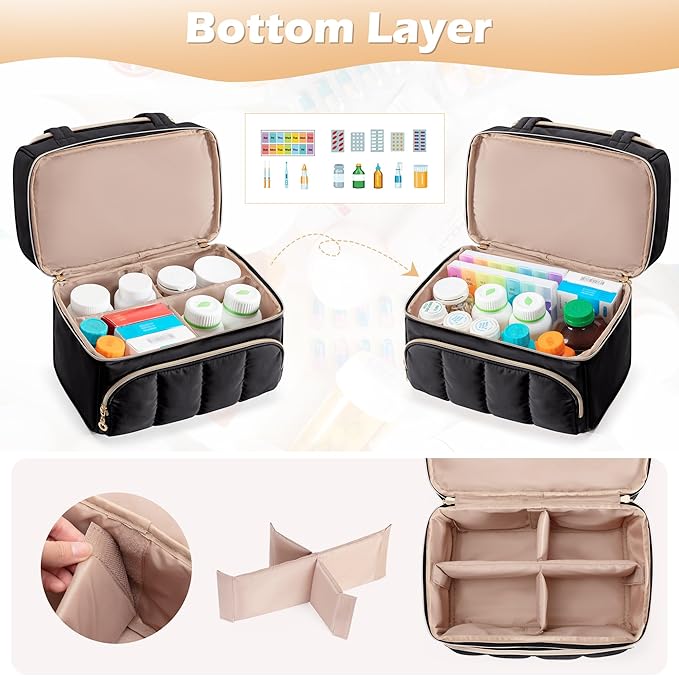 Damero Double Layers Medicine Bottle Organizer, Lockable Pill Bottle Organizer Medicine Bag with Lockable Zipper and Detachable Dividers for Medication, Vitamins or Medical Supplements, Black