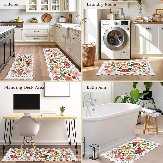 Scalloped Kitchen Mats for Floor 2PC Cushioned Anti Fatigue Kitchen Mats Rugs Waterproof Non Slip Boho Floral Comfort Foam Standing Mat for Sink Laundry, White,17.3x30+17.3x59