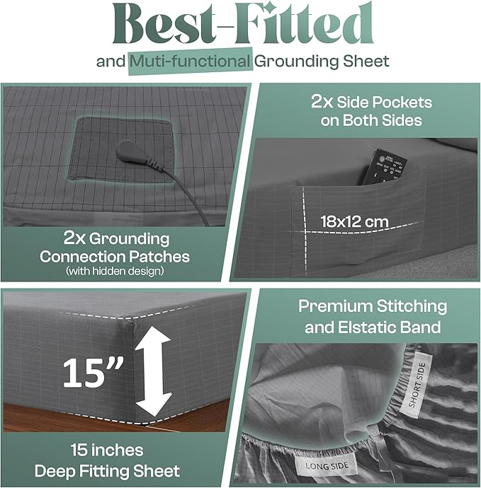 LuxeCraft Grounding Fitted Sheet – Organic Cotton & Silver Fiber | Breathable, Skin-Friendly | 15" Deep | Includes Tester Pen, Wristband, Eye Mask & Cord, Queen Size (Grey)