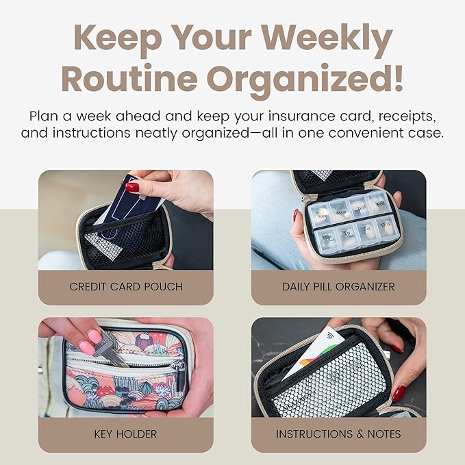 Made Easy Kit Pill Case for Everyday and Travel - 7-Day Weekly Medicine Supplement Vitamin Organizer Sorter Tracker - Neoprene Bag with Pockets - Compact Portable 8 Compartments (Khaki Desert)