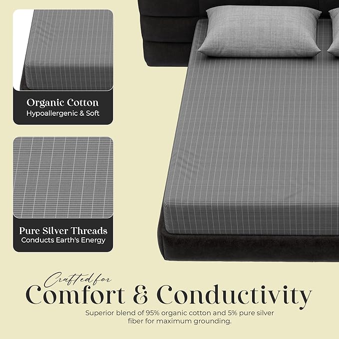 Grounding Sheets Queen, 95% Organic Cotton + 5% Pure Silver Fiber, Bed Grounding Sheets for Healthy Sleep Therapy, Grounded Sheets with Grounded Cord Kit [60"x 80"x 16" Gray] (Queen)