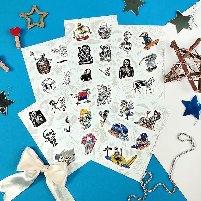 BulbaCraft 100Pcs Skeleton Stickers - Skeleton Party Decorations & Favors, Skull Stickers, Men - Spooky Halloween Decals Waterproof, Gifts for Women & Men