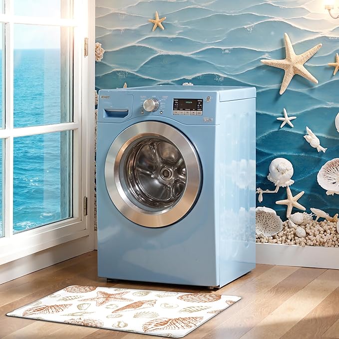 Kitchen Mats for Floor Cushioned Anti Fatigue Sets of 2 Beach Theme Kitchen Rugs Non Slip Waterproof Coastal Foam Kitchen Floor Rug Nautical Seashell Comfort Standing Mat For Sink Laundry, Coral