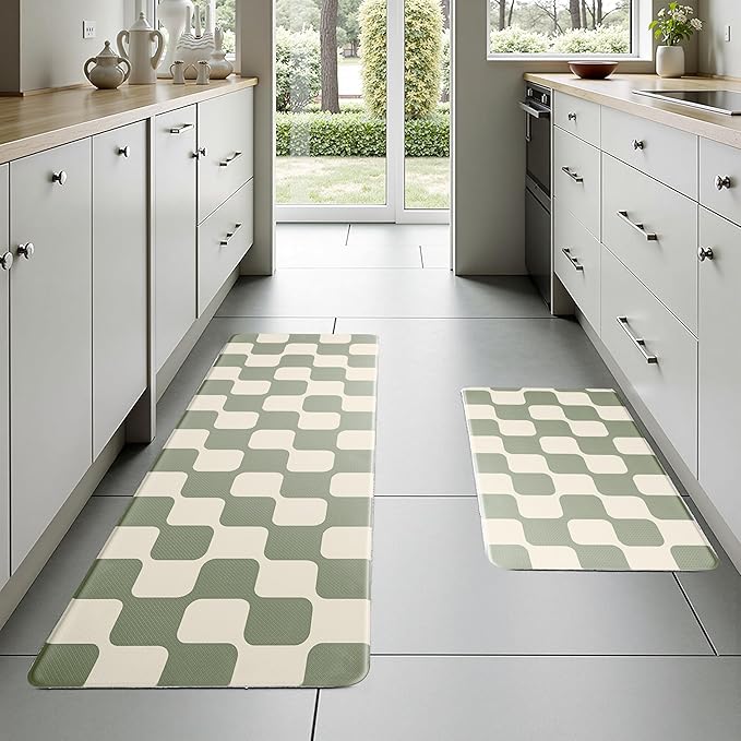Sage Green Beige Retro Curvy Checkered Grid Checkerboard Kitchen Rug Sets [2 PCs], Anti-Fatigue, Waterproof Non-Slip Kitchen Mats Heavy Duty Comfort Foam Rug for Floor, Home, Laundry,17"x29"+17"x47"