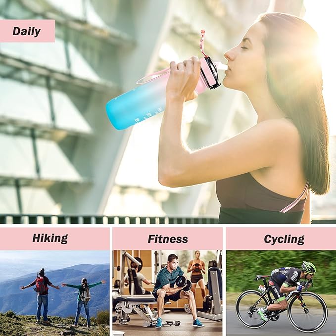 Motivational Water Bottle with Time Marker - 32oz, Leak-proof BPA Free Sports Water Bottles with Straw & Carrying Strap