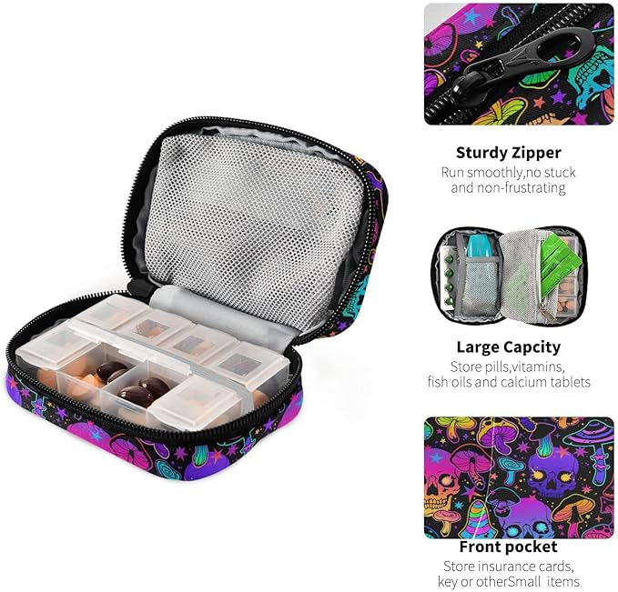Pill Box Colorful Skull Mushroom 7 Day Pill Case Travel Pill Organizer Bag with Zipper Portable Weekly Vitamin Medicine Supplement Holder Pouch Bag