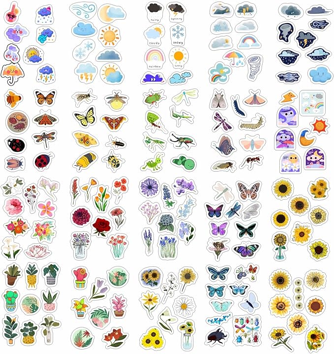 BulbaCraft Nature Stickers - Flowers, Mushrooms, Leaves, Plants, Insects & Bugs Stickers, Nature Party Decoration & Favors, Gifts for Women & Men