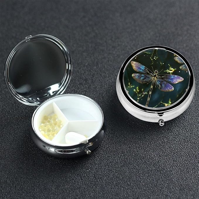 Pill Box 3 Compartment Round Small Pill Case Travel Pillbox for Purse Pocket Dragonfly Metal Medicine Organizer Portable Pill Container Holder to Hold Vitamins MedicationSupplements, Black