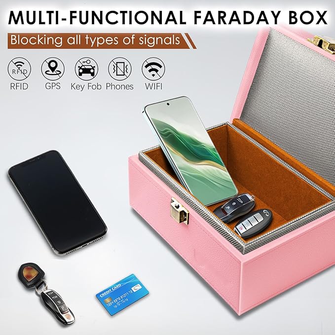 Faraday Box for Car Keys, Faraday Key Fob Protector, Anti Theft Faraday Cage, Keyless Entry Protector Faraday Pouch for Key fob, RFID Signal Blocking Box(Pink,L)