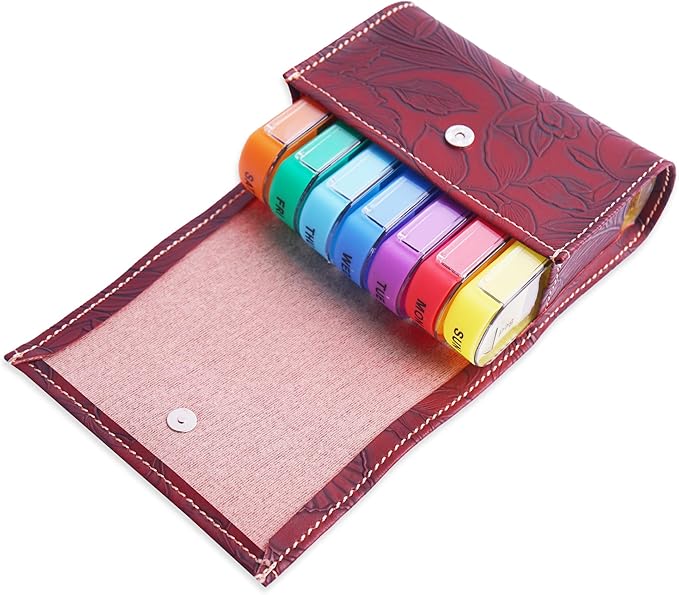 Pill Organizer,LIZIMANDU Weekly Travel Pill Case Box Medication Reminder Daily AM PM, Day Night 7 Compartments,for 4 Times A Day, 7 Days a Week-Includes Leather PU Carrying Case(1-Carved Red2)
