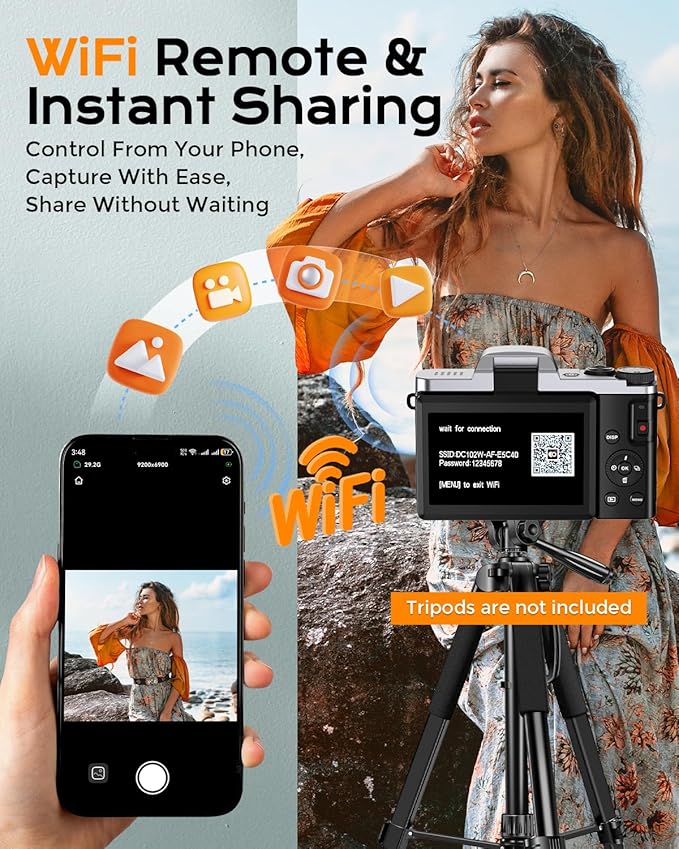 4K Digital Camera for Photography Autofocus, 64MP WiFi Vlogging Camera for YouTube with 3'' 180° Flip Screen,16X Zoom Anti-Shake, 32GB Card, Compact Travel Point and Shoot Digital Cameras (Brown)