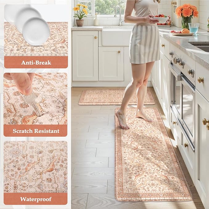 KIMODE Anti Fatigue Kitchen Mats for Floor, Boho Vintage Kitchen Rugs Sets of 2, Kitchen Floor Mats Cushioned Non Slip, Khaki Memory Foam Standing Mats for Laundry Office Sink Desk 17"x47"+17"x29"
