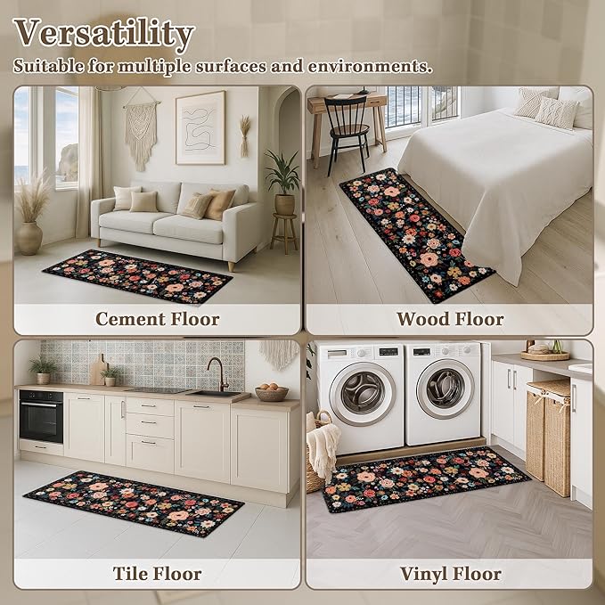Arttown Kitchen Mats for Floor 2Pcs-Anti Fatigue Non Slip Mats for Kitchen Floor, Cushioned Waterproof & Stain-Resistant Boho Floral Mat Set, Laundry Room, Office, Sink, Desk (Black)