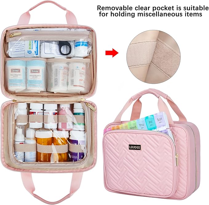 Leudes Travel Pill Bottle Organizer,Medicine Organizer and Storage,Home Medication Bag, Cases,Carrier for Pills,Vitamin,Fish Oil,Supplements for Women and Men (Medium, Pink)