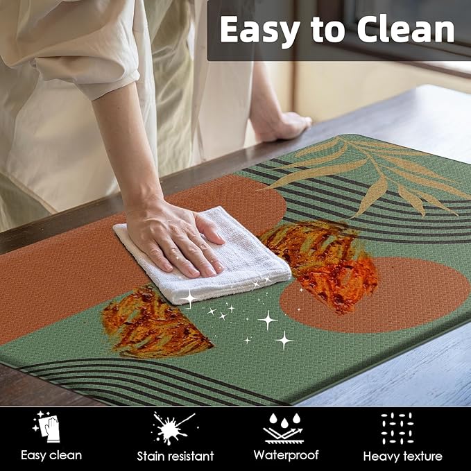 Kitchen Mats for Floor 2 PCS, Anti Fatigue Mat Set, Boho Cushioned Non Slip Waterproof Kitchen Rugs, Wipe Clean PVC Leather Runner for Sink, Laundry, Office, 17"x47"+17"x29", Dark Green