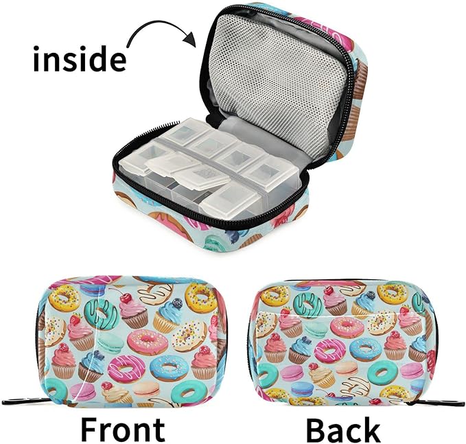 Pill Box Cake Print 7 Day Pill Case Travel Pill Organizer Bag with Zipper Portable Weekly Vitamin Medicine Supplement Holder Pouch Bag