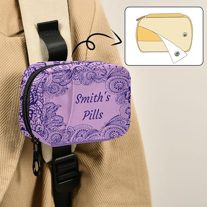 Custom Pill Box 7 Day Pill Case Bag Purple Floral Paisley Personalized Name Travel Pill Organizer Bag with Zipper Portable Weekly Case Compact Size for Vitamin Supplement Holder