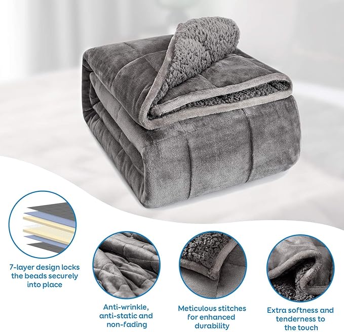 Cottonblue Weighted Blanket 12 lbs Queen Size, Flannel Shaggy Sherpa Weighted Blanket for Adults Comfortable Weighted Blankets for Calming and Relax, Bed Sofa Heavy Blankets, 60x80 inches, Grey