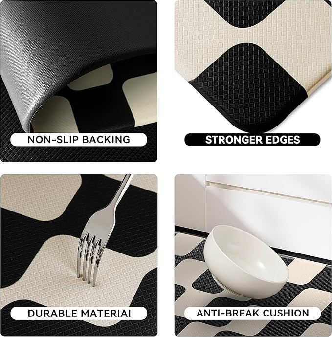 Black Beige Retro Curvy Checkered Grid Checkerboard Kitchen Rug Sets [2 PCs], Anti-Fatigue, Waterproof Non-Slip Kitchen Mats Heavy Duty Comfort Foam Rug for Floor, Home, Laundry,17"x29"+17"x47"