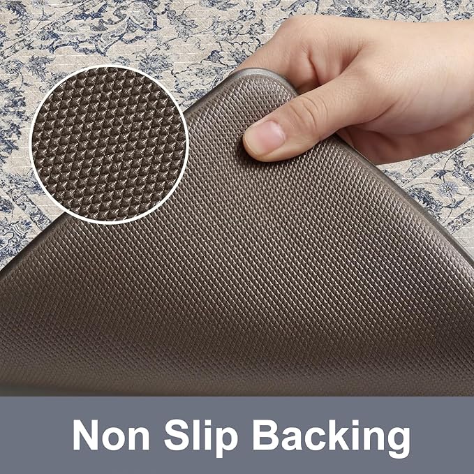 KIMODE Kitchen Floor Mats Cushioned Anti Fatigue,Boho Floral Rugs Sets of 2,Ergonomic Memory Foam Carpet Non Slip 20" x 71"+20" x 32", Wide Long Comfort Runner for Sink Laundry Office,Blue