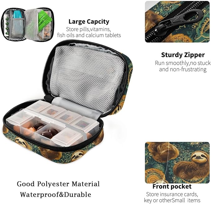 Fustylead Retro Cute Sloths on Green Mandala Background Travel Pill Organizer Case Zipper for Purse with Removable Weekly Pill Box for Medicine, Vitamin, Supplement Medicine Organizer
