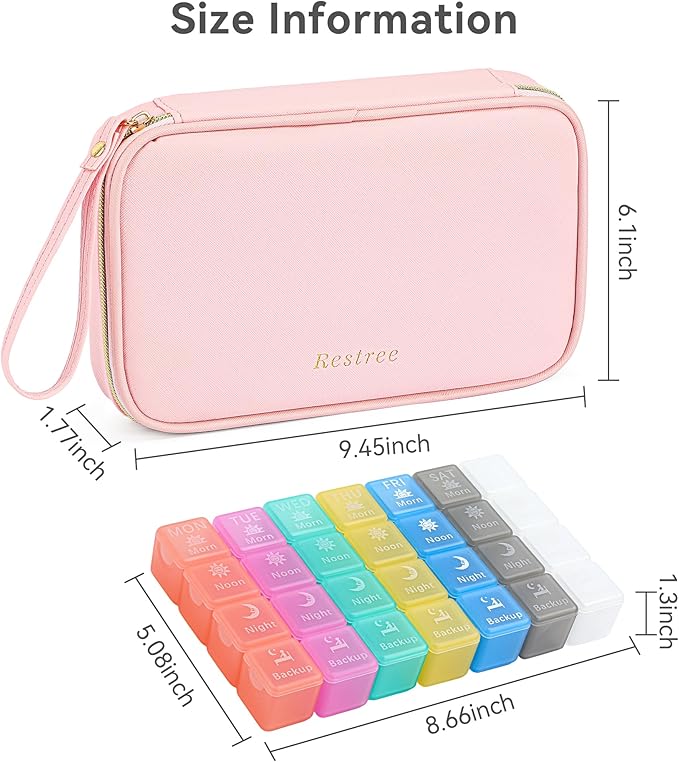 Restree Monthly Pill Organizer 28-Compartment Pill Case, 4 Times Daily Medication Container, Travel-Friendly Pill Box for Vitamins Supplements (Pink)