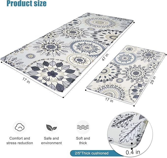 Sofort Kitchen Rug Set of 2 Anti Fatigue Kitchen Mats for Floor, Non Slip Waterproof Kitchen Rugs, Ergonomic Cushioned Comfort Standing Mats for Laundry, Office, Sink