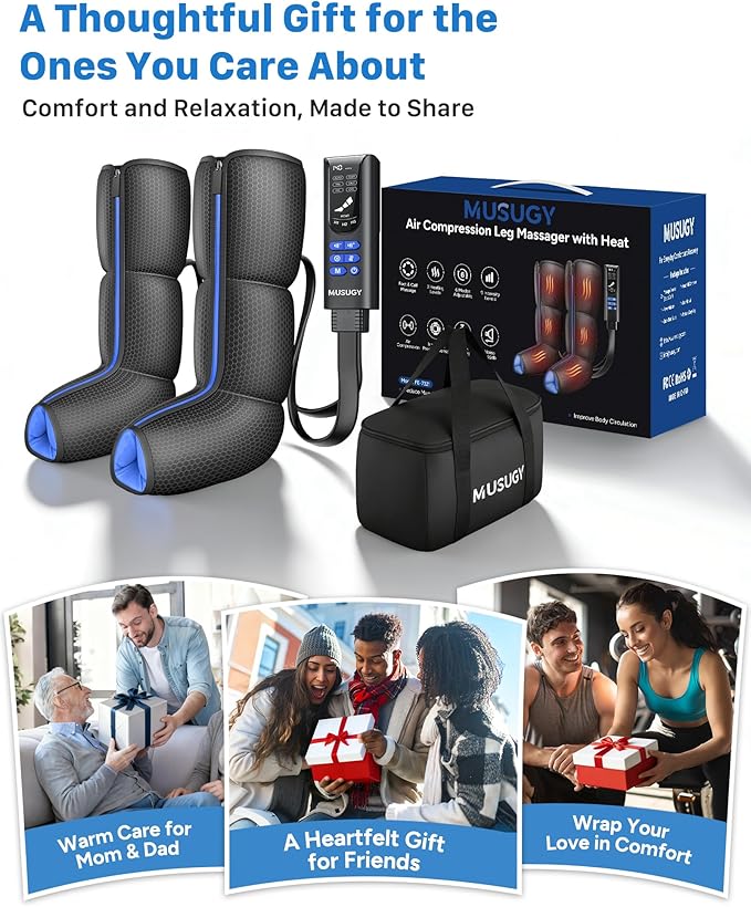 Air Compression Leg Massager with Heat : MUSUGY Sequential Foot and Calf Massager for Circulation and Pain Relief, with 9 Intensity, 6 Modes, 3 Heat - for Mom, Dad, Standing Jobs & Daily Relaxation