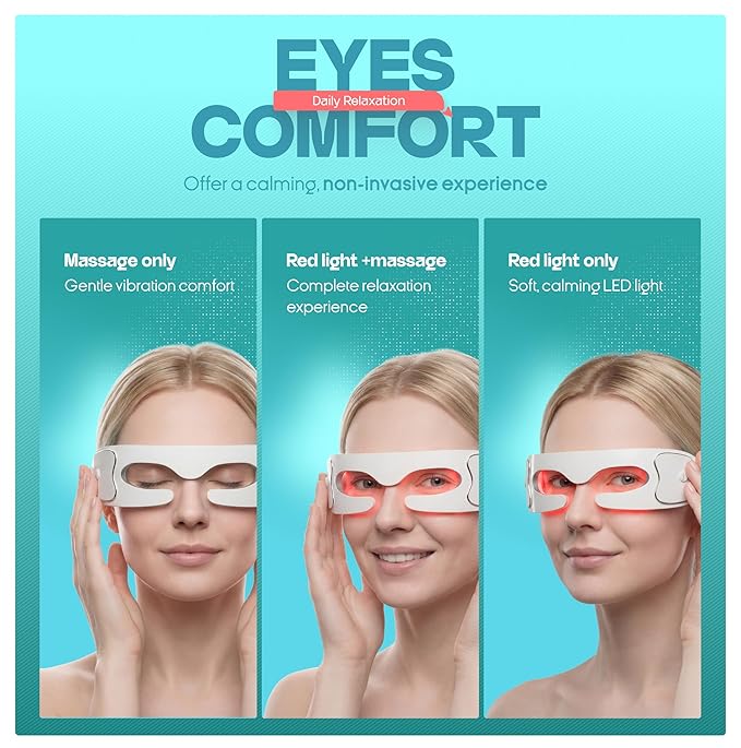 Red Light Therapy Glasses for Eyes – Reduce Dark Circles & Puffiness, 630nm LED Eye Device, 3 Modes, Rechargeable Eye Massager with Auto Timer