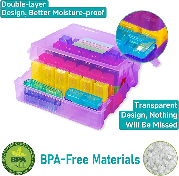 Monthly Pill Organizer 2 Times a Day, Portable AM PM Pill Box with Weekly Travel Bag, Large Capacity Medicine Organizer with Labels, 30 Day Pill Case & Pill Cutter for Medication Management(Purple)