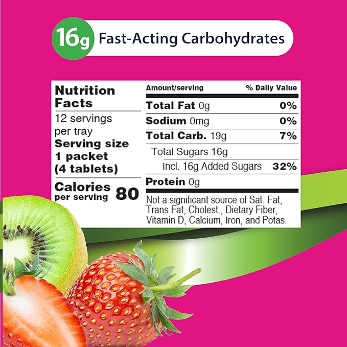 TRUEplus Soft Tabs Glucose Tablets, Chewable, Kiwi Strawberry Flavor, 16g Fast-Acting Carbohydrates, Fat Free, Gluten Free, Raise Low Blood Sugar and Boost Energy, 4 Count, 12 Packs