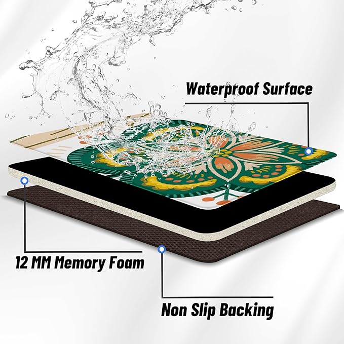 Boho Floral Kitchen Rugs Sets of 2 Anti Fatigue Cushioned Long Kitchen Mats for Floor Farmhouse Kitchen Rugs Non Slip Waterproof Mid Century Botanical Comfort Standing Mat for Sink Laundry