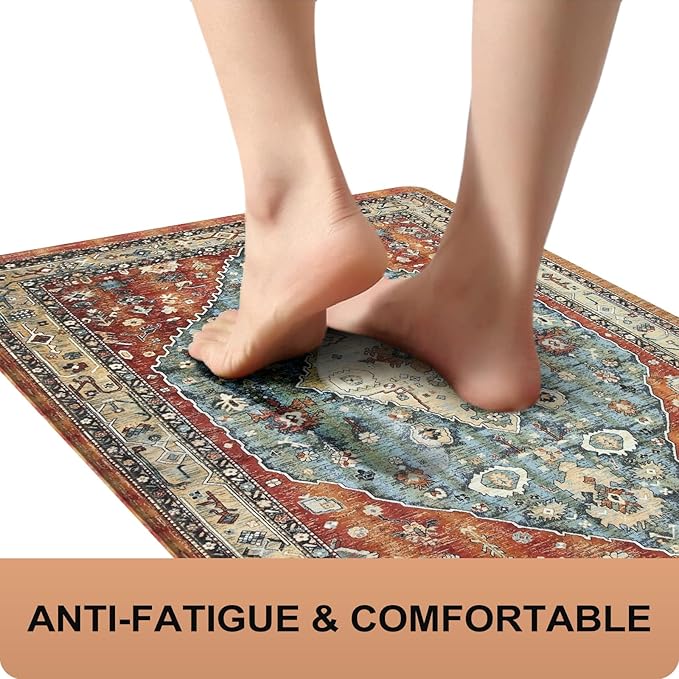 Collive Boho Kitchen Mats 2PCS, Cushioned Kitchen Mat for Floor Anti Fatigue Waterproof Kitchens Rugs Set of 2, Non Skid Comfort Standing Rug for Office, Sink, Laundry, 17.3"x29"+17.3"x47"