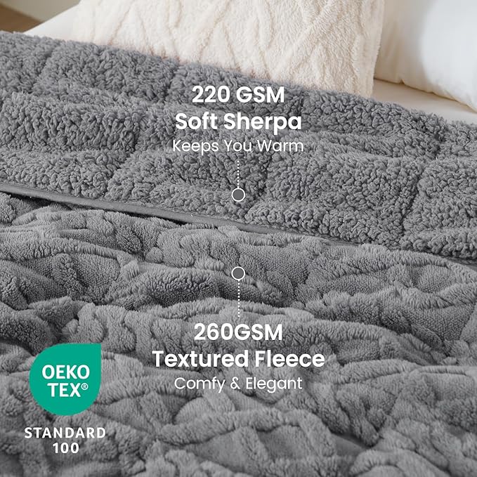 Drewin Weighted Blanket 20lbs, Dual Sided Fluffy Fuzzy Sherpa Queen Size Weighted Blankets for Adults, 3D Stylish Jacquard Tranquility Blankets for Sleep and Relax, Grey, 60 x 80 inches